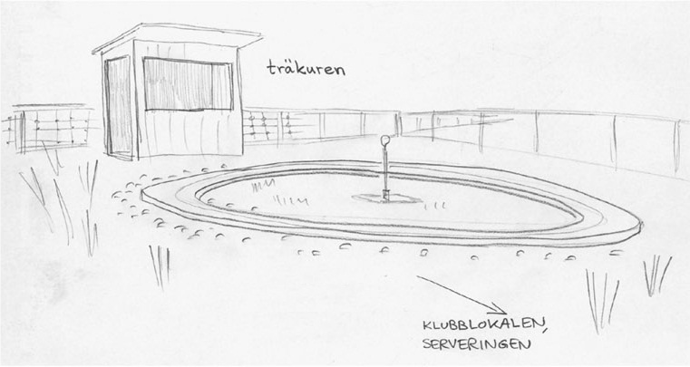 Den övergivna betongbanan och träkuren som de såg ut på 1960-talet. Teckning: Rolf Broberg.