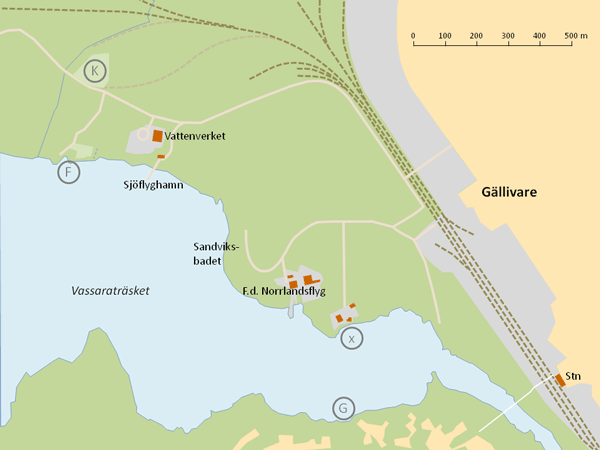 Gällivares västra omgivning kring Vassaraträsket. Karta: Rolf Broberg 2012.