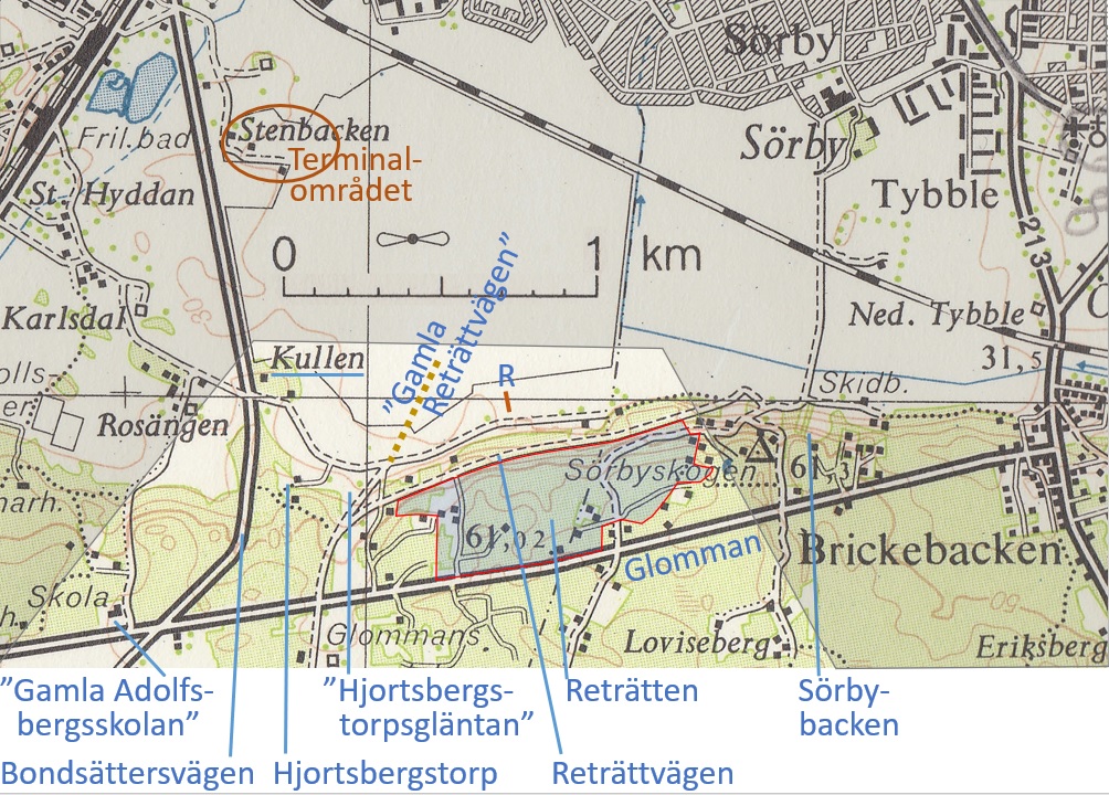 Objekt i närområdets södra del utpekade på topografisk karta från 1961. R = Rävkullen.