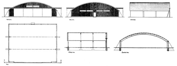 Hangarritningar: Portgavel, bakgavel, sidofasad, planritning, tvärsektion och längssektion.