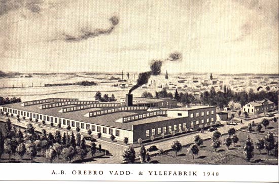 Teckning av Örebro- Vadd & Yllefabrik sedd mot väster. Skapad av Ateljé Kessler.