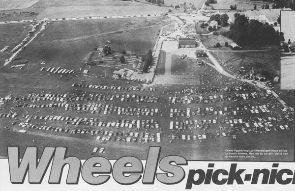 Flygbild över Gustavsvik vid Wheels picknick sommaren 1980. Foto: Göran Ambell.